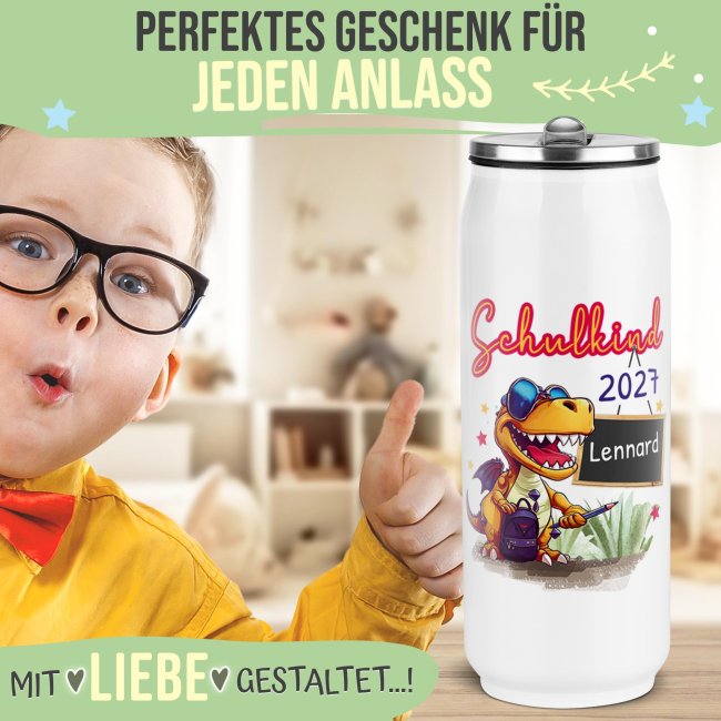 Cola-Dose - Schulkind Dino - mit Name &amp; Jahr - Wei&szlig; 420 ml