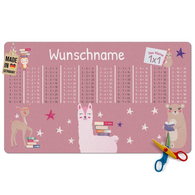 Schreibtischunterlage f&uuml;r Kinder - Alpaka mit kleinem 1x1 - mit Name personalisierbar - 3 Gr&ouml;&szlig;en