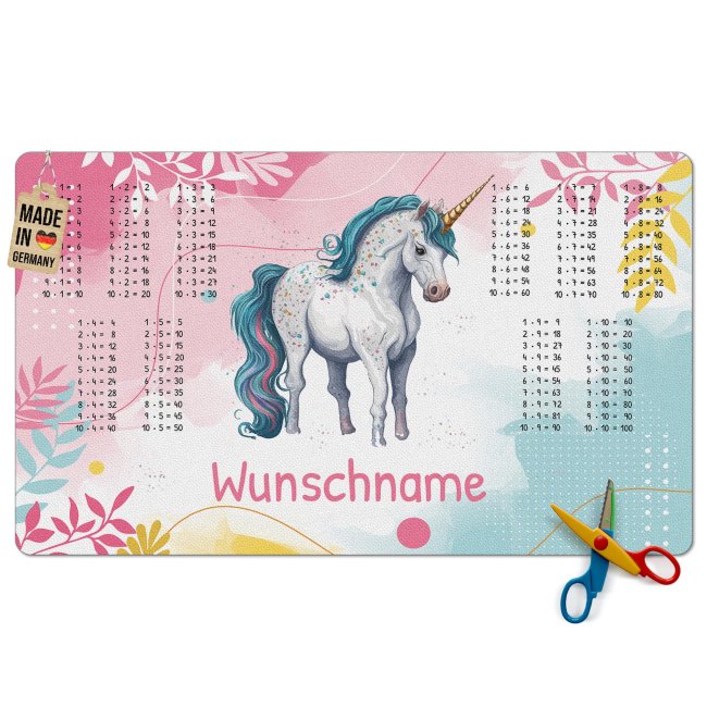 Schreibtischunterlage f&uuml;r Kinder - Einhorn mit kleinem 1x1 - mit Name personalisierbar - 3 Gr&ouml;&szlig;en