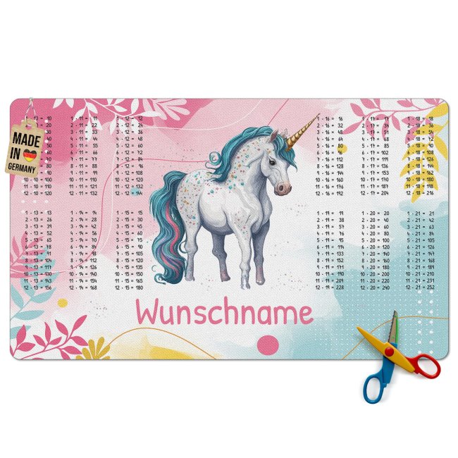 Schreibtischunterlage f&uuml;r Kinder - Einhorn mit gro&szlig;em 1x1 - mit Name personalisierbar - 3 Gr&ouml;&szlig;en