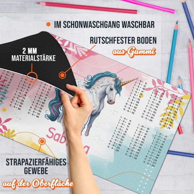 Schreibtischunterlage f&uuml;r Kinder - Einhorn mit gro&szlig;em 1x1 - mit Name personalisierbar - 3 Gr&ouml;&szlig;en