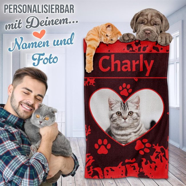 Pfotenhanduch f&uuml;r Tiere - Herz - mit Foto &amp; Name - in 5 Farben