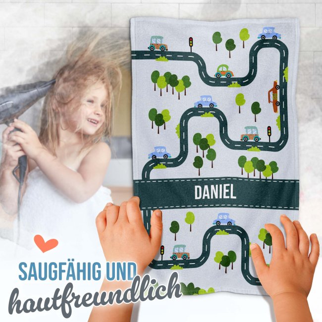 Kleines Kinder-Handtuch - Autos - mit Name - 50 x 30 cm