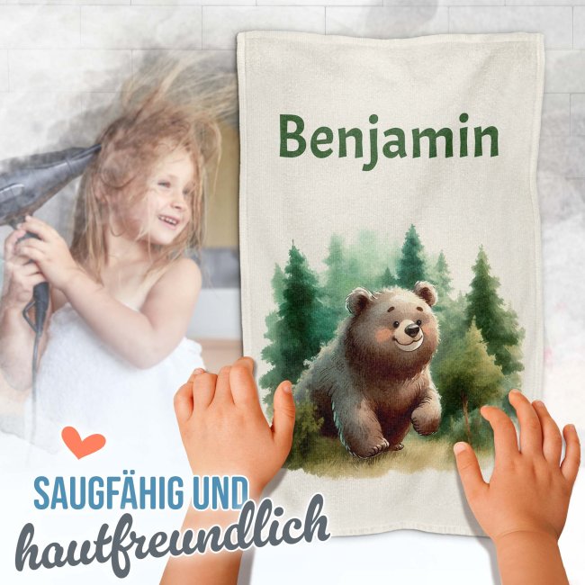 Kleines Kinder-Handtuch - B&auml;r im Wald - mit Name - 50 x 30 cm