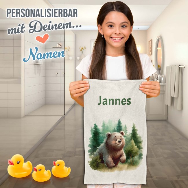 Kleines Kinder-Handtuch - B&auml;r im Wald - mit Name - 50 x 30 cm