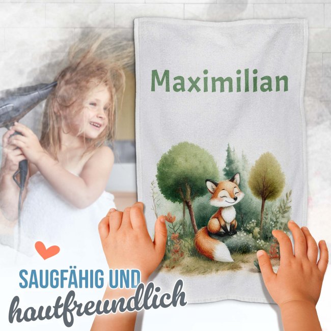 Kleines Kinder-Handtuch - Fuchs im Wald - mit Name - 50 x 30 cm