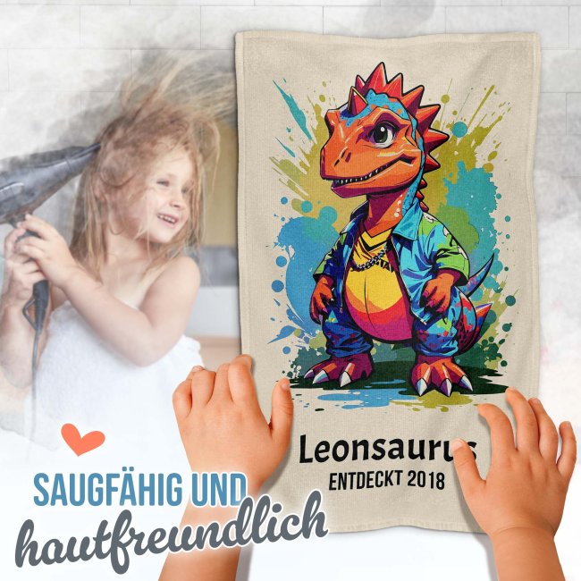 Kleines Kinder-Handtuch - Dino - mit Name - 50 x 30 cm