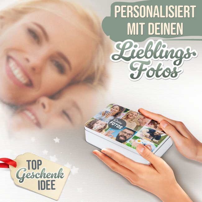 Geschenkdose mit Collage f&uuml;r 7 Fotos - in drei Gr&ouml;&szlig;en