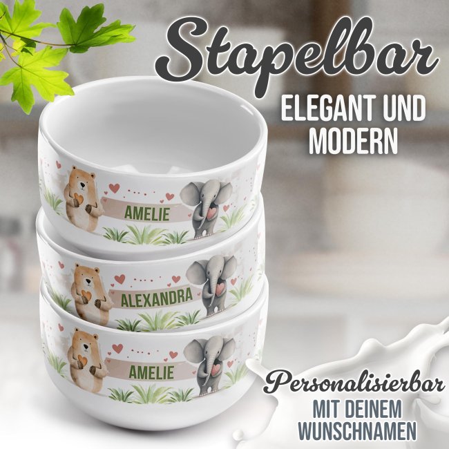 Kinder-M&uuml;slischale - S&uuml;&szlig;e Tierchen - mit Name - 500 ml