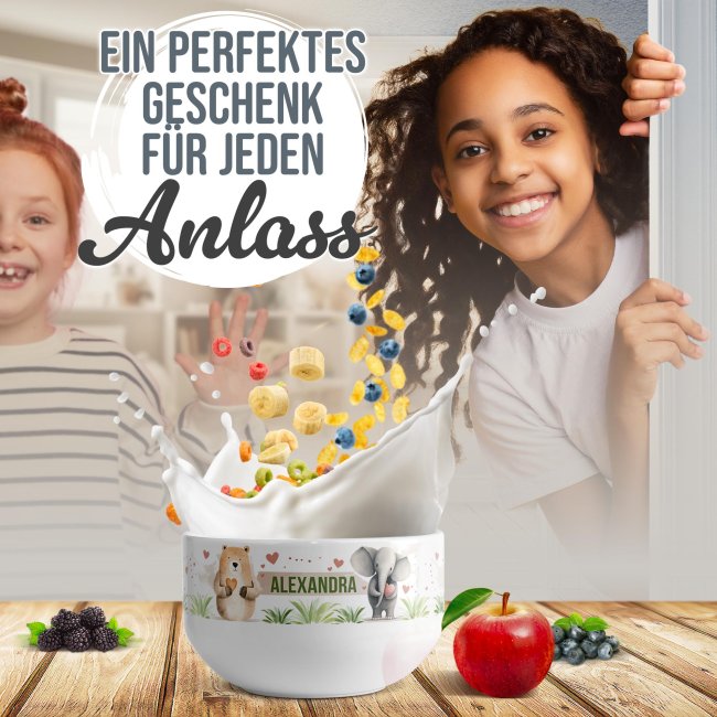 Kinder-M&uuml;slischale - S&uuml;&szlig;e Tierchen - mit Name - 500 ml