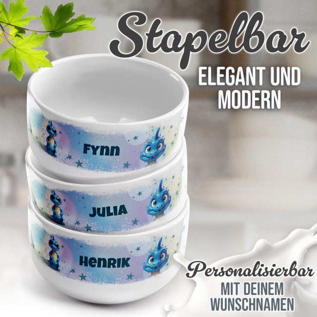 Kinder-M&uuml;slischale - Blauer Dino - mit Name - 500 ml