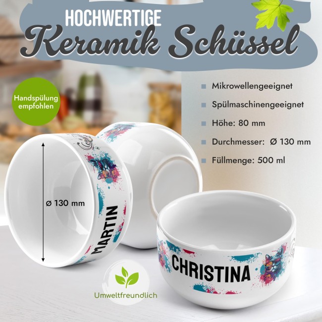 Kinder-M&uuml;slischale - Katze bunt - mit Name - 500 ml