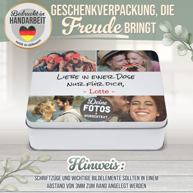 Geschenkdose mit Collage f&uuml;r 4 Fotos &amp; Text - in drei Gr&ouml;&szlig;en