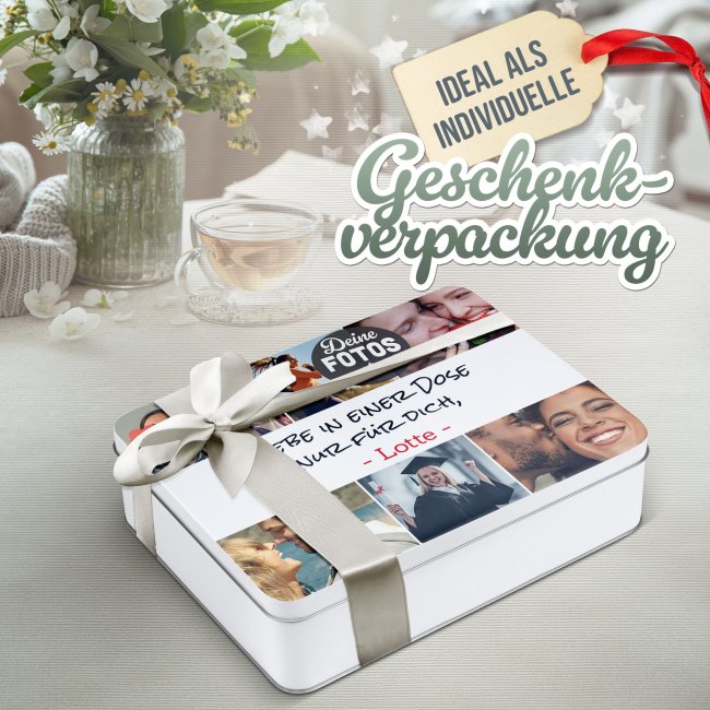 Geschenkdose mit Collage f&uuml;r 6 Fotos &amp; Text - in drei Gr&ouml;&szlig;en