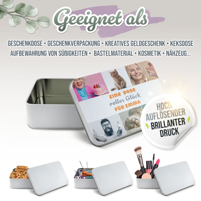 Geschenkdose mit Collage f&uuml;r 6 Fotos &amp; Text - in drei Gr&ouml;&szlig;en