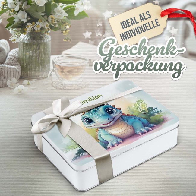 Kinder-Geschenkdose - Dino - mit Name - in drei Gr&ouml;&szlig;en