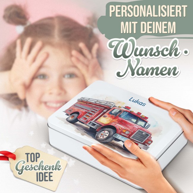 Kinder-Geschenkdose - Feuerwehr - mit Name - in drei Gr&ouml;&szlig;en