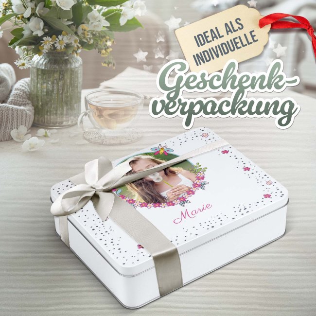 Kinder-Geschenkdose - Blumenrahmen - mit Foto &amp; Name -