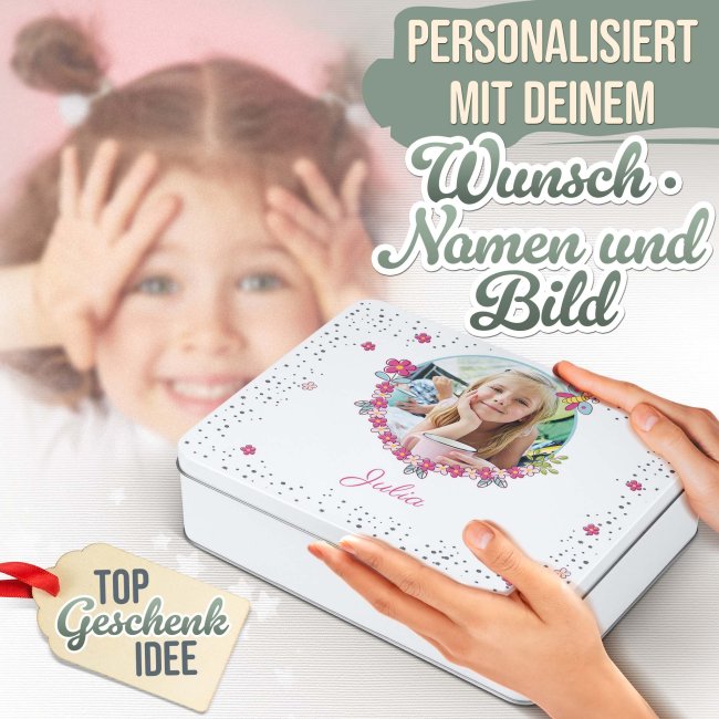 Kinder-Geschenkdose - Blumenrahmen - mit Foto &amp; Name -