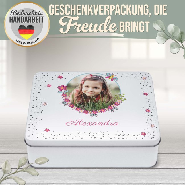 Kinder-Geschenkdose - Blumenrahmen - mit Foto &amp; Name -