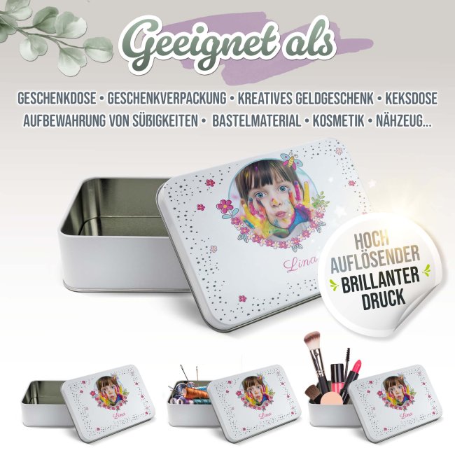 Kinder-Geschenkdose - Blumenrahmen - mit Foto &amp; Name -