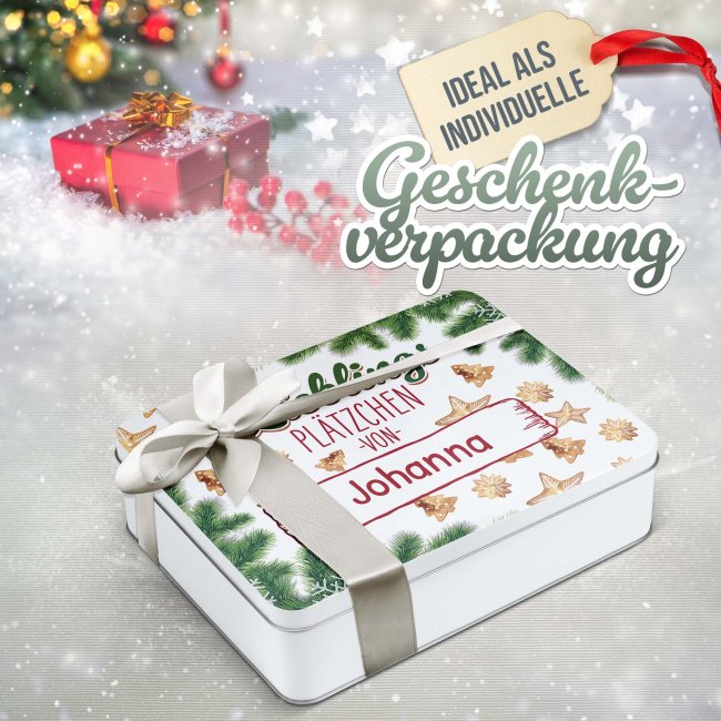 Dose mit Name f&uuml;r Weihnachtskekse - Lieblingspl&auml;tzchen - in drei Gr&ouml;&szlig;en