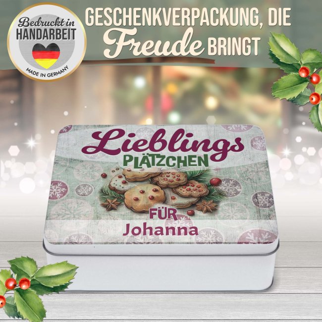 Weihnachts-Keksdose mit Name - Lieblingspl&auml;tzchen f&uuml;r - in drei Gr&ouml;&szlig;en