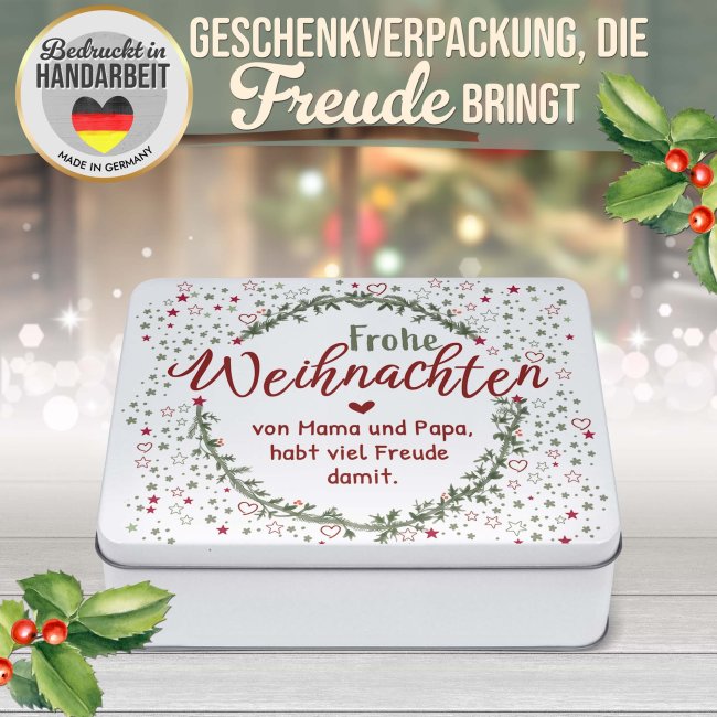 Geschenkdose - Frohe Weihnachten - mit Wunschtext - in drei Gr&ouml;&szlig;en