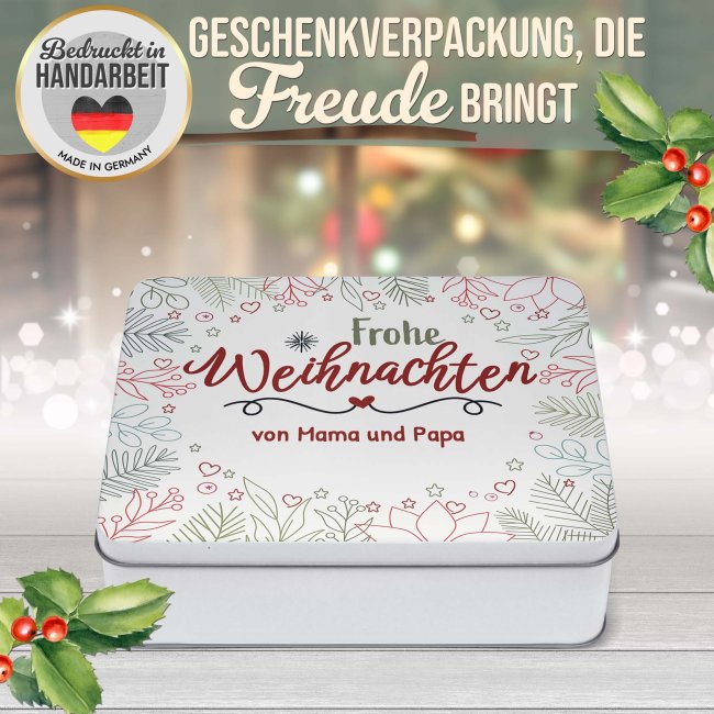 Personalisierte Weihnachtsdose - Frohe Weihnachten - mit Text - in drei Gr&ouml;&szlig;en