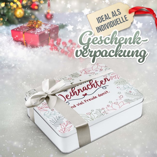 Personalisierte Weihnachtsdose - Frohe Weihnachten - mit Text - in drei Gr&ouml;&szlig;en