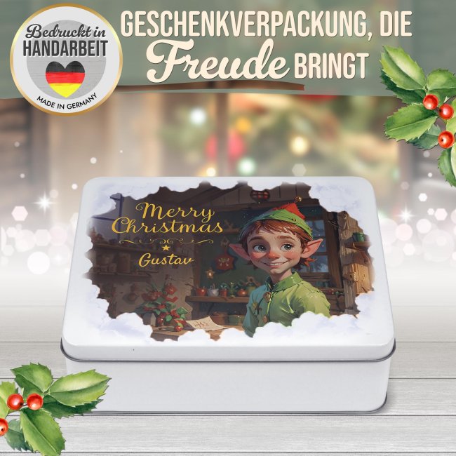 Weihnachts-Geschenkdose - Elf - mit Name - in drei Gr&ouml;&szlig;en