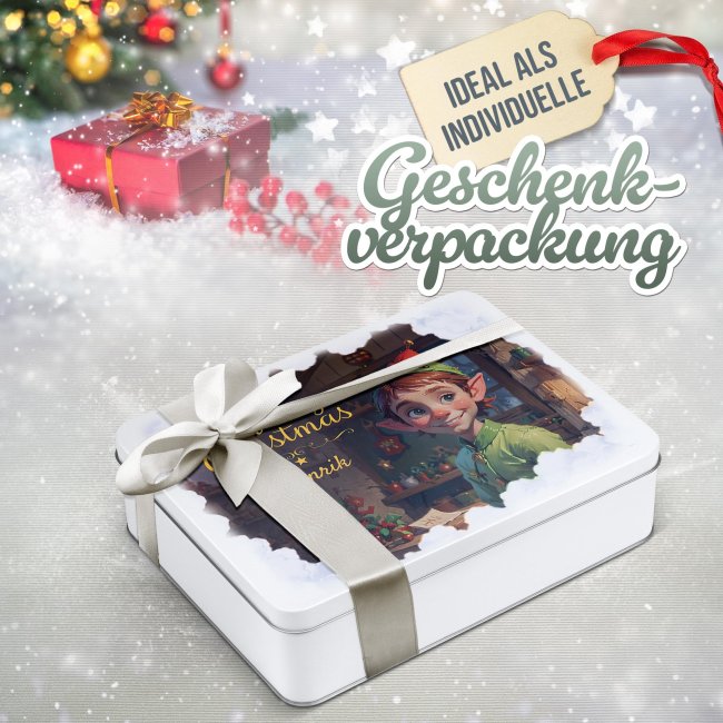 Weihnachts-Geschenkdose - Elf - mit Name - in drei Gr&ouml;&szlig;en