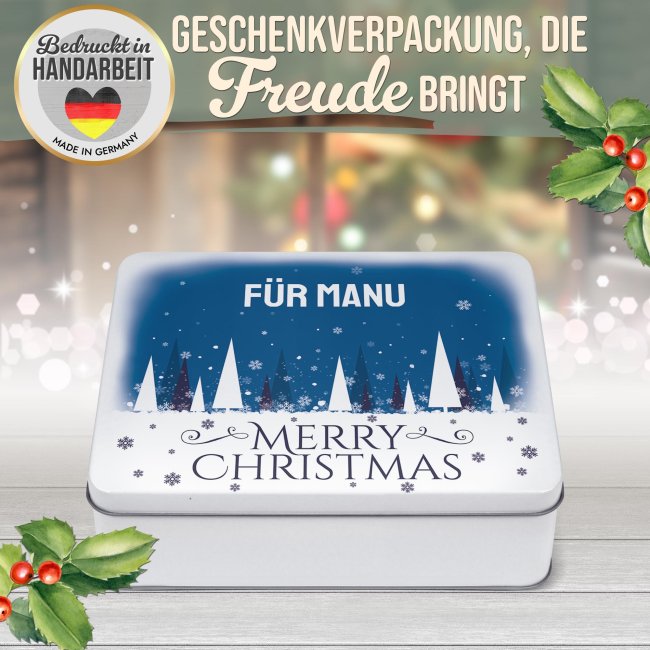 Geschenkdose mit Name - Merry Christmas - in Blau - in drei Gr&ouml;&szlig;en