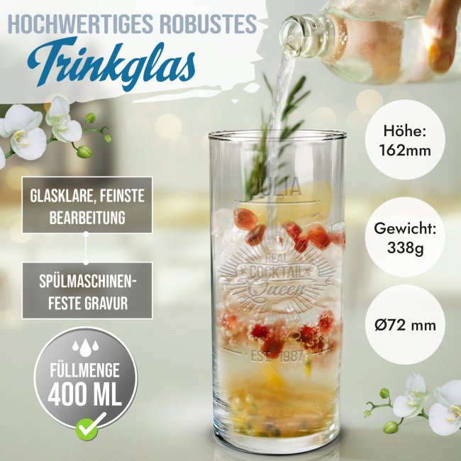 Graviertes Longdrinkglas - Real Cocktail Queen - mit Name und Jahr