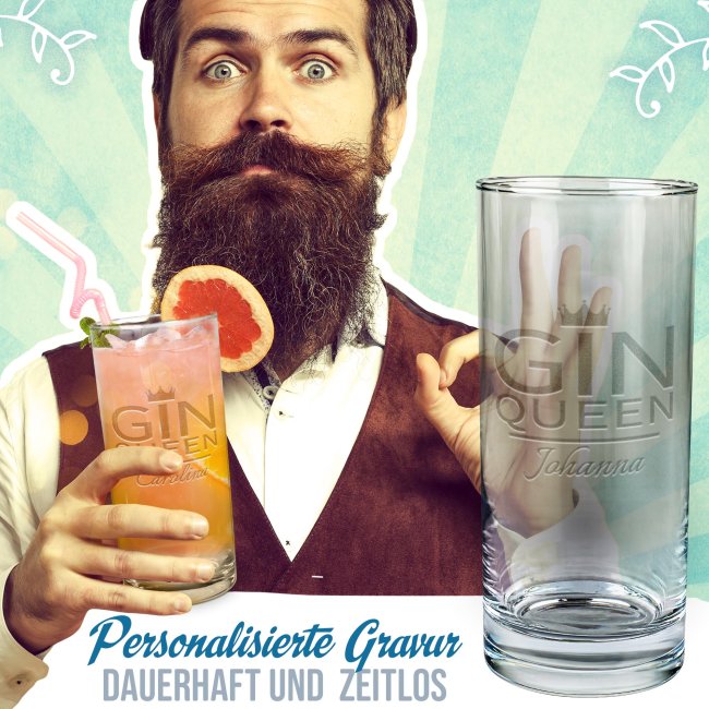 Graviertes Longdrinkglas - Gin Queen - mit Name