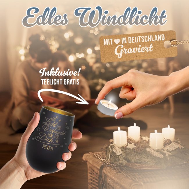 Weihnachts-Windlicht mit Gravur - Ein Licht - mit Name - inkl. Teelicht - Schwarz-Gold