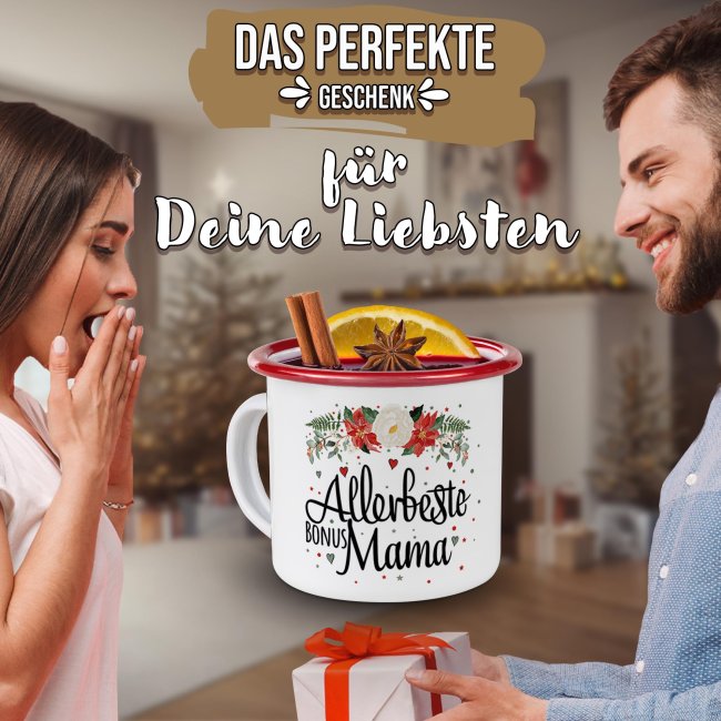 Weihnachts-Emailletasse f&uuml;r die Bonusmama - Rand Rot 300 ml