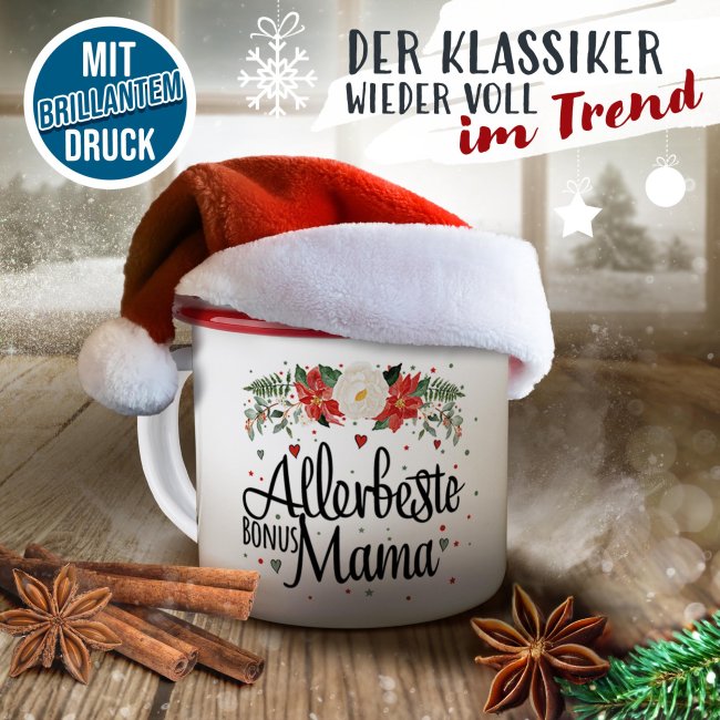 Weihnachts-Emailletasse f&uuml;r die Bonusmama - Rand Rot 300 ml