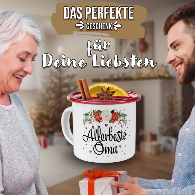 Weihnachts-Emailletasse f&uuml;r Oma - Rand Rot 300 ml