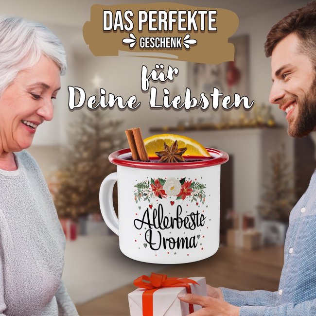 Weihnachts-Emailletasse f&uuml;r Uroma - Rand Rot 300 ml