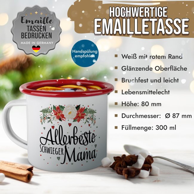 Weihnachts-Emailletasse f&uuml;r die Schwiegermama - Rand Rot 300 ml