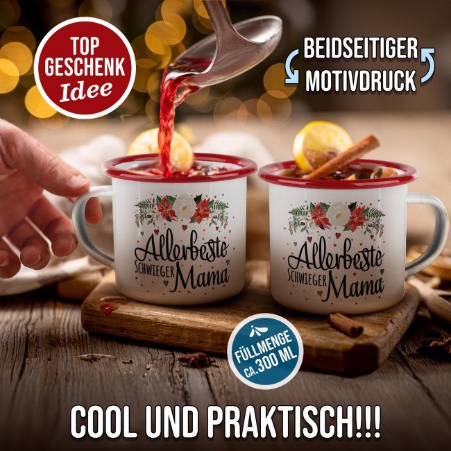 Weihnachts-Emailletasse f&uuml;r die Schwiegermama - Rand Rot 300 ml