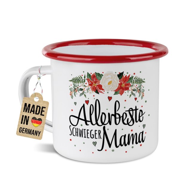 Weihnachts-Emailletasse f&uuml;r die Schwiegermama - Rand Rot 300 ml