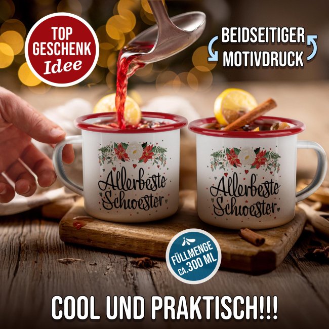 Weihnachts-Emailletasse f&uuml;r die Schwester - Rand Rot 300 ml