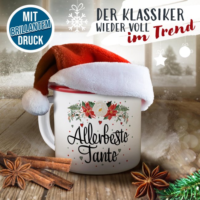 Weihnachts-Emailletasse f&uuml;r die Tante - Rand Rot 300 ml