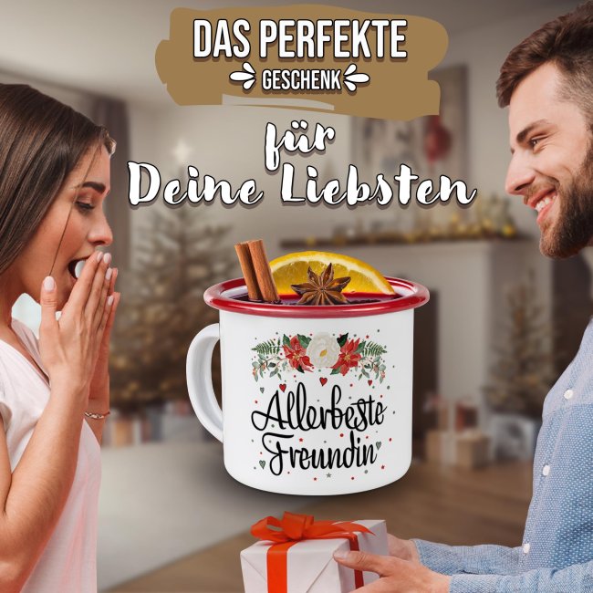 Weihnachts-Emailletasse f&uuml;r die Freundin - Rand Rot 300 ml