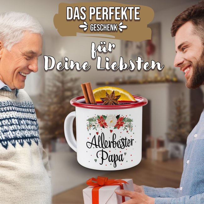 Weihnachts-Emailletasse f&uuml;r Papa - Rand Rot 300 ml