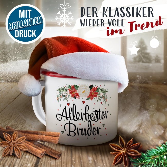 Weihnachts-Emailletasse f&uuml;r den Bruder - Rand Rot 300 ml