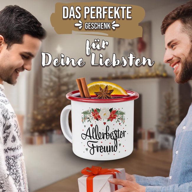 Weihnachts-Emailletasse f&uuml;r den Freund - Rand Rot 300 ml