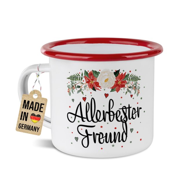 Weihnachts-Emailletasse f&uuml;r den Freund - Rand Rot 300 ml